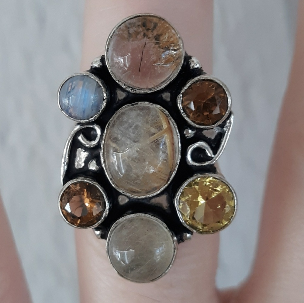 New Golden Rutile, Citrine, Smoky Topaz & Rainbow Moonstone 925 Silver Ring.
